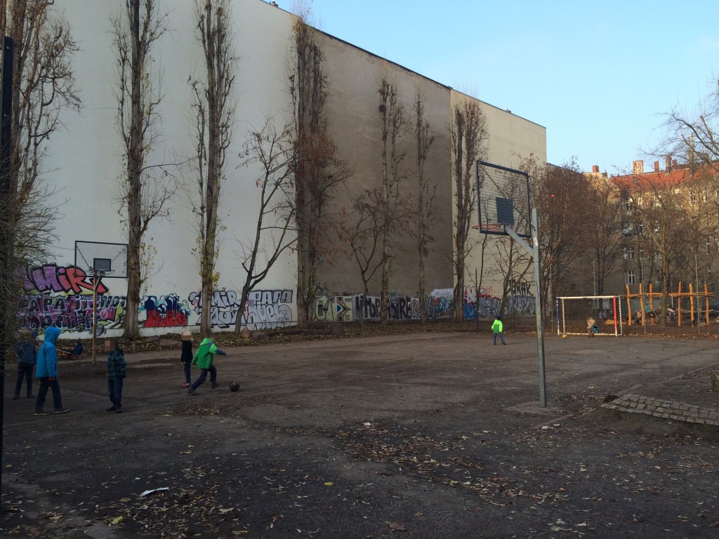 Der Bolzplatz. Im Sommer der sonnigste Platz. Bewegungsraum nicht nur zum Fußballspielen. Die Bäume im Hintergrund sollen komplett vernichtet werden. Auf der rechten Seite soll der MEB entstehen.